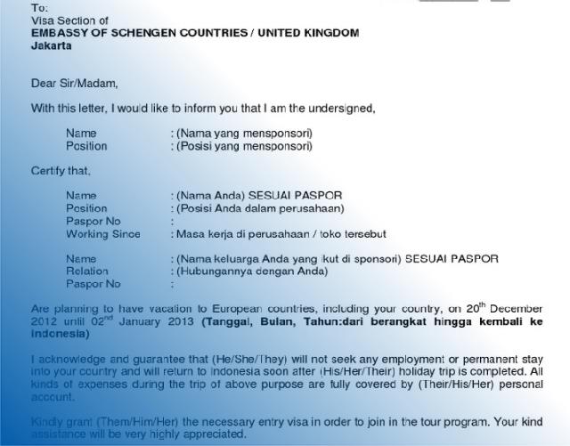 Contoh Surat Sponsor Visa Schengen Untuk Istri